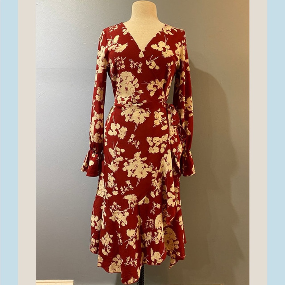Burgundy Floral Wrap Dress